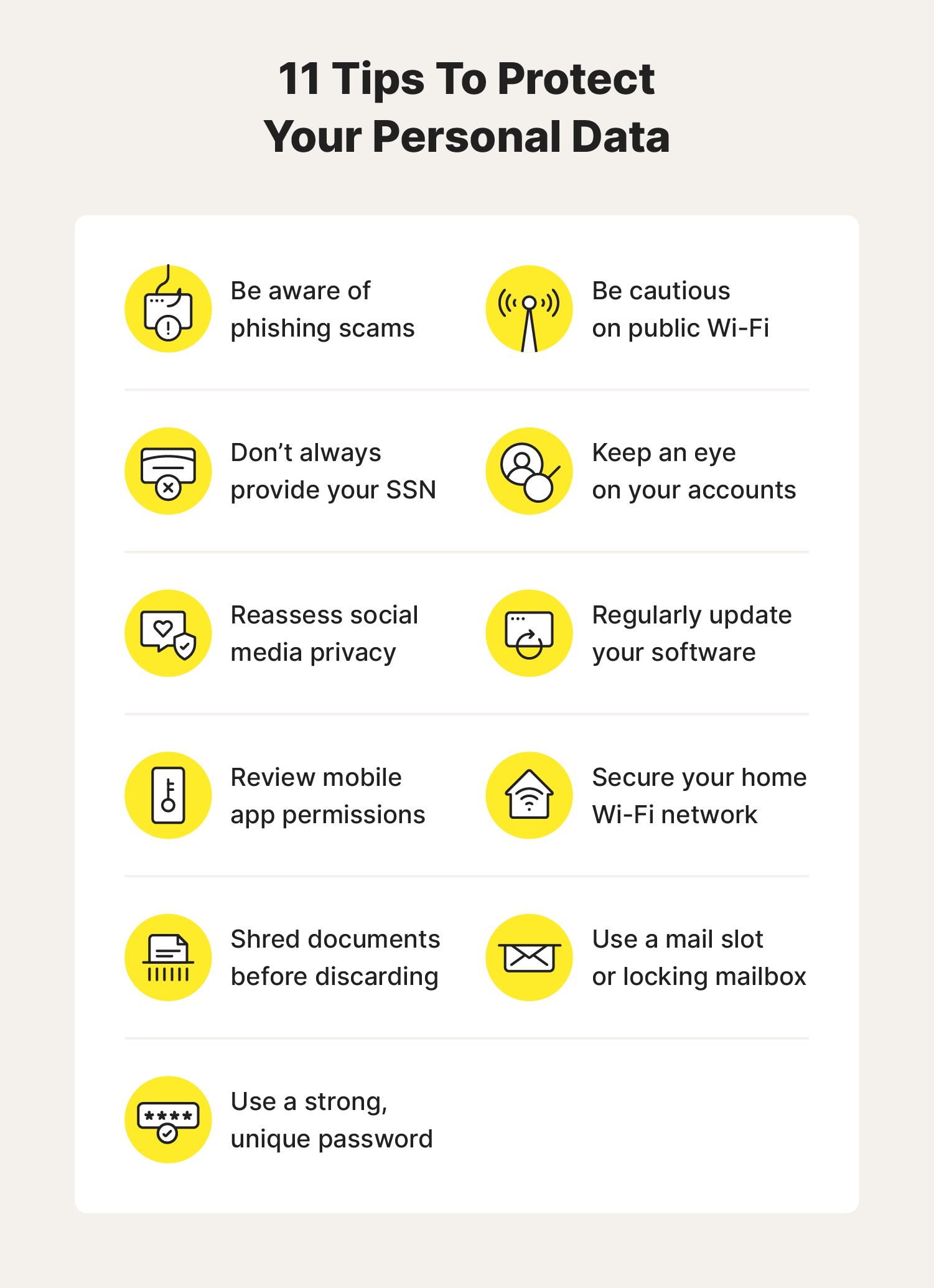 An image with 11 data privacy tips to protect your personal data.